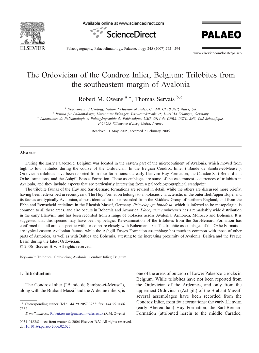 The Ordovician of the Condroz Inlier, Belgium: Trilobites from the Southeastern Margin of Avalonia ⁎ Robert M