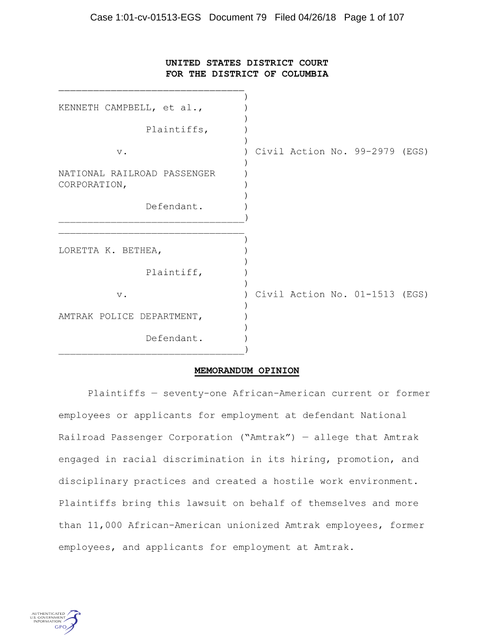 Case 1:01-Cv-01513-EGS Document 79 Filed 04/26/18 Page 1 of 107