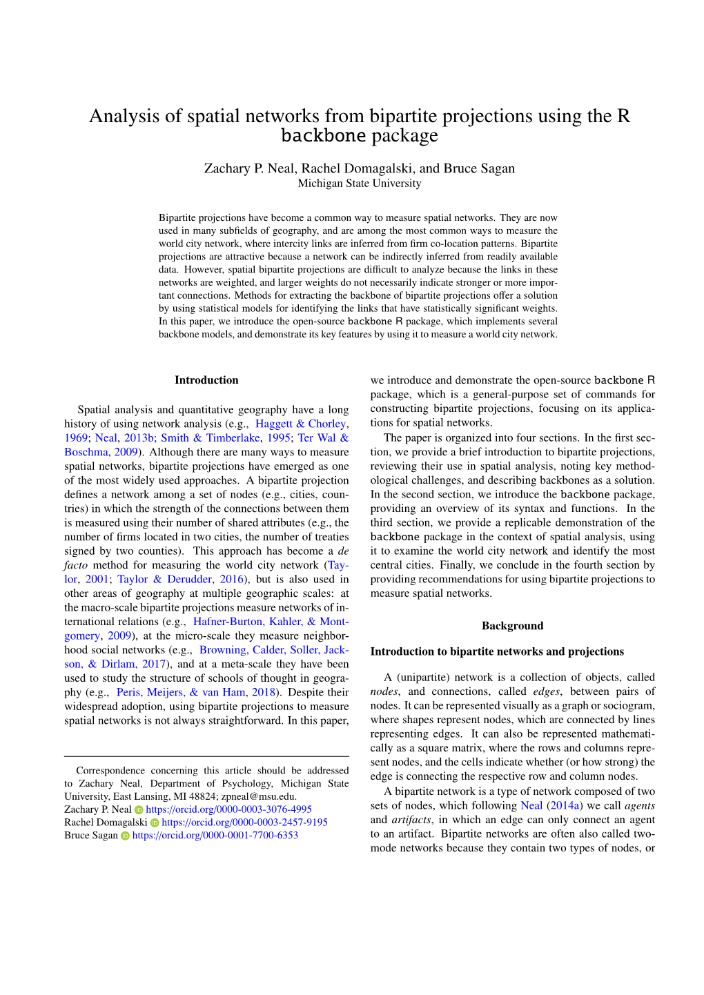 Analysis of Spatial Networks from Bipartite Projections Using the R Backbone Package