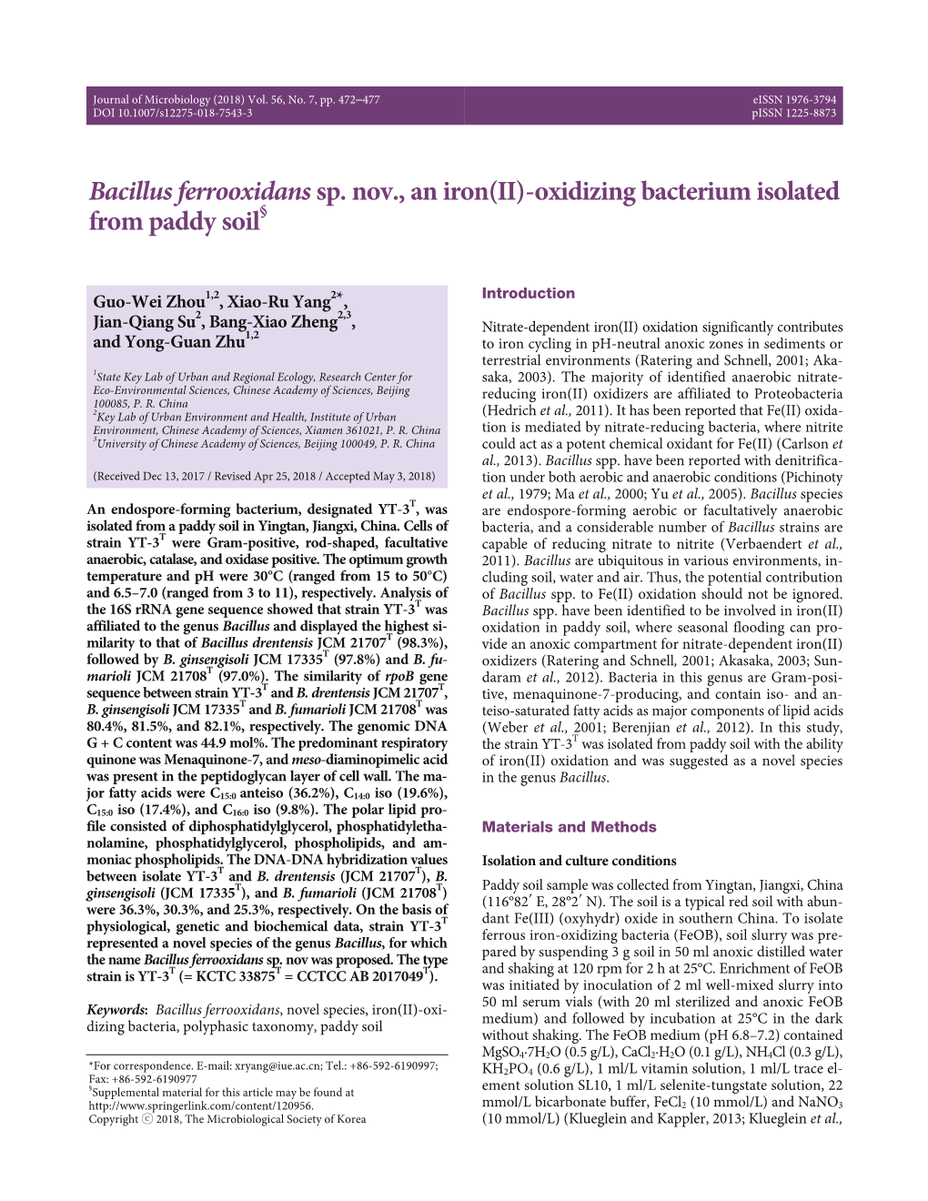 Bacillus Ferrooxidans Sp. Nov., an Iron(II)-Oxidizing Bacterium Isolated from Paddy Soil§