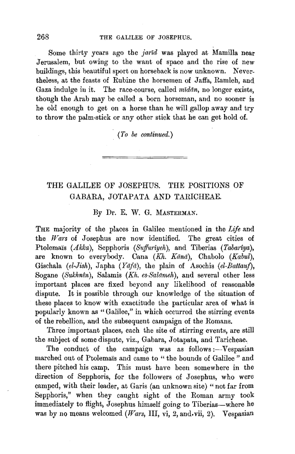 The Galilee of Josephus. the Positions of Gabara, Jotapata and Taricheae