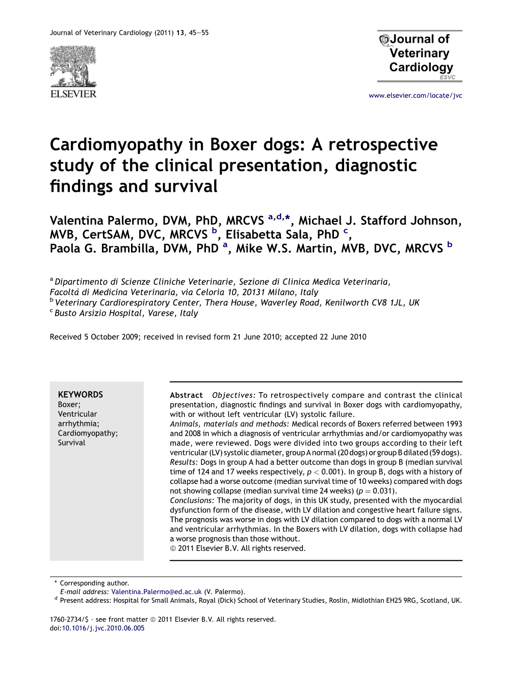 Cardiomyopathy in Boxer Dogs: a Retrospective Study of the Clinical Presentation, Diagnostic ﬁndings and Survival