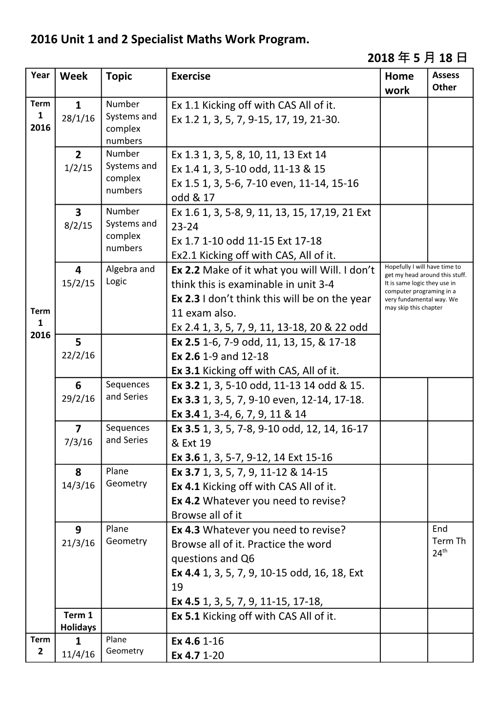 2016 Unit 1 and 2 Specialist Maths Work Program