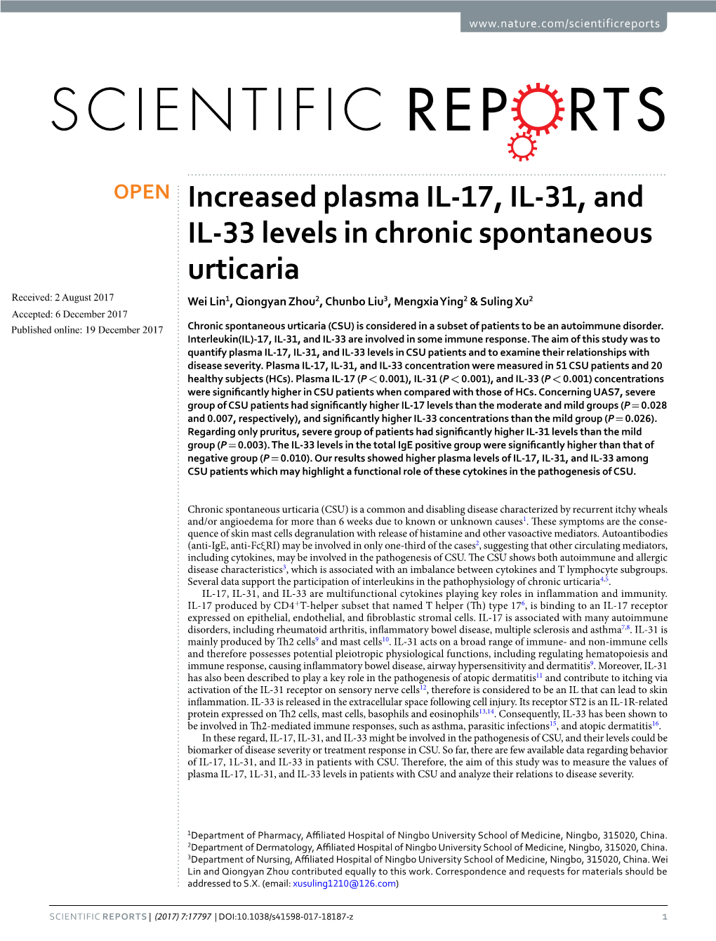 Increased Plasma IL-17, IL-31, and IL-33 Levels in Chronic Spontaneous