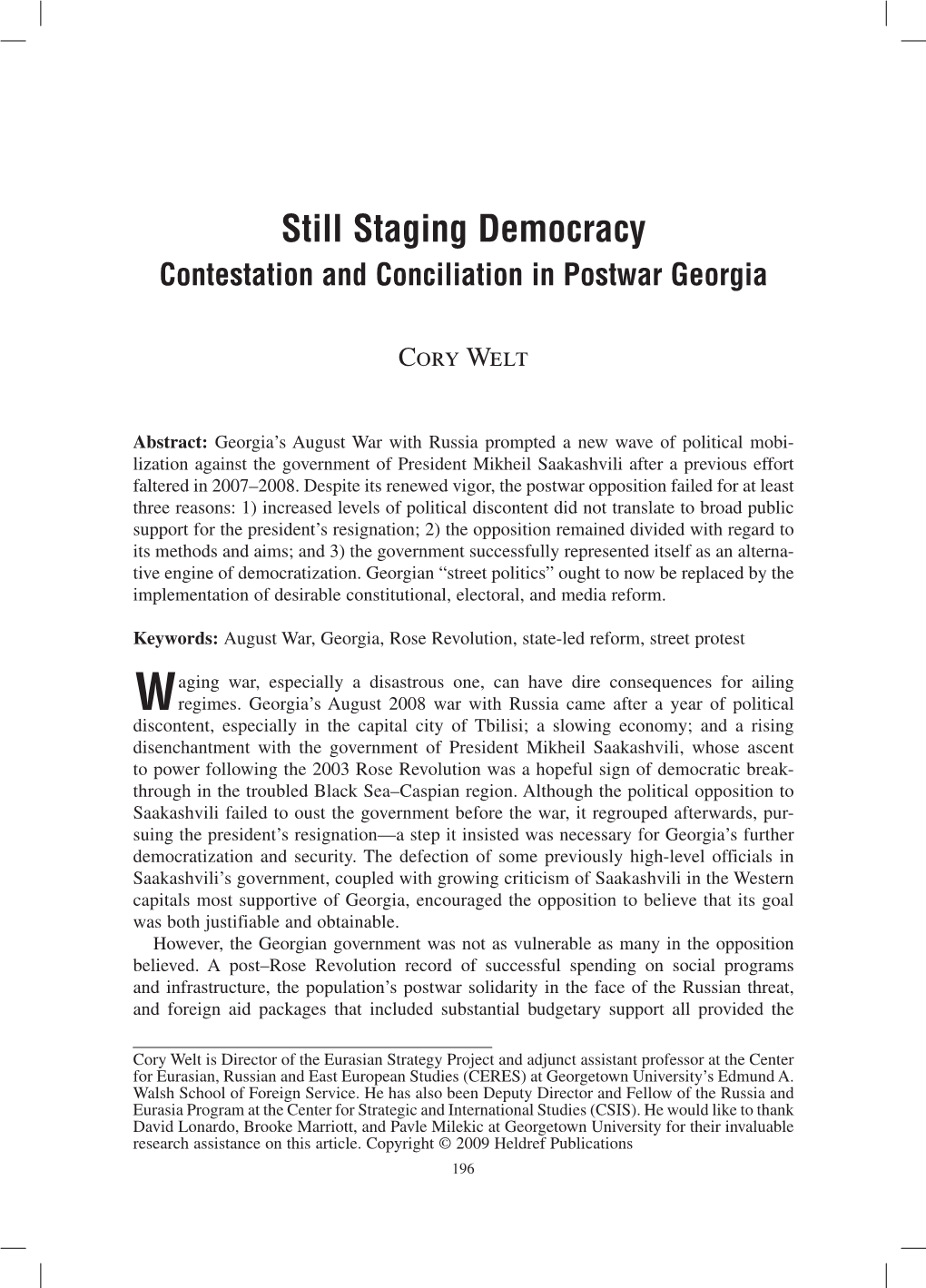 Still Staging Democracy: Contestation and Conciliation in Postwar Georgia 197