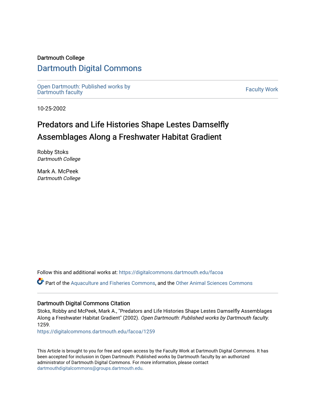 Predators and Life Histories Shape Lestes Damselfly Assemblages Along a Freshwater Habitat Gradient