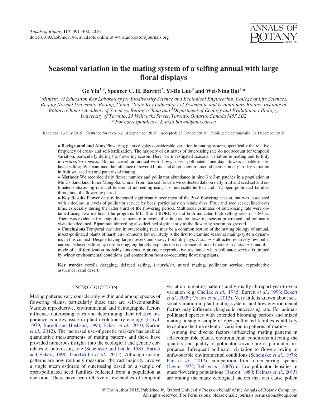 Seasonal Variation in the Mating System of a Selfing Annual with Large Floral Displays