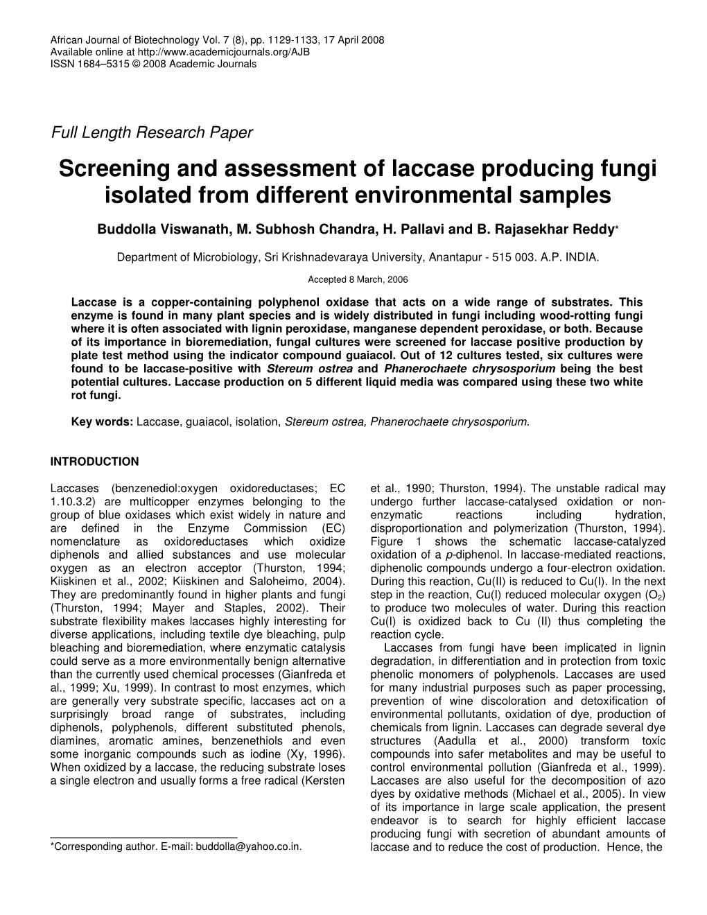 Screening and Assessment of Laccase Producing Fungi Isolated from Different Environmental Samples