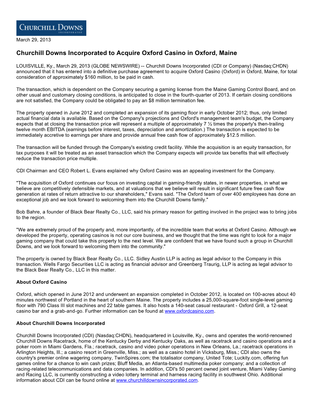 Churchill Downs Incorporated to Acquire Oxford Casino in Oxford, Maine