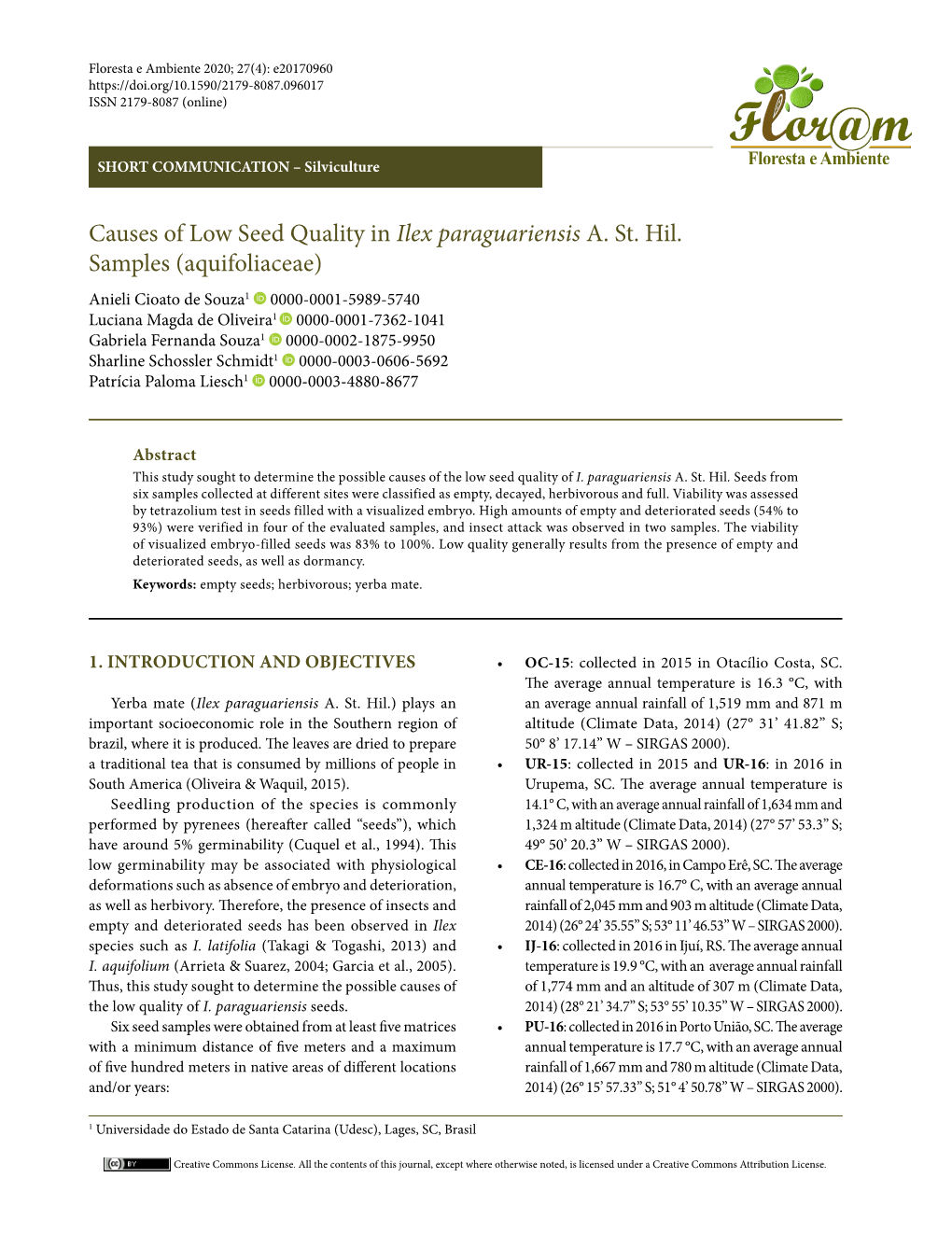 Causes of Low Seed Quality in Ilex Paraguariensis A. St. Hil. Samples