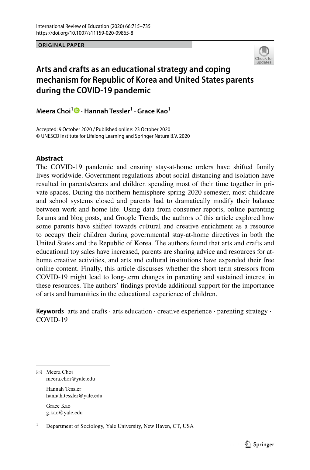 Arts and Crafts As an Educational Strategy and Coping Mechanism for Republic of Korea and United States Parents During the COVID‑19 Pandemic