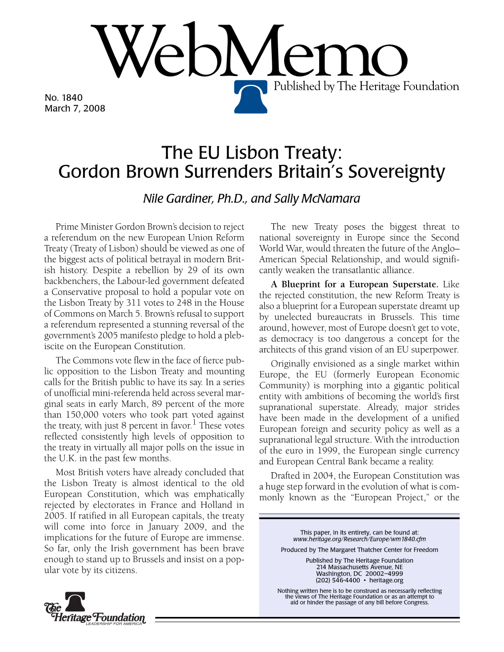 The EU Lisbon Treaty: Gordon Brown Surrenders Britain's Sovereignty