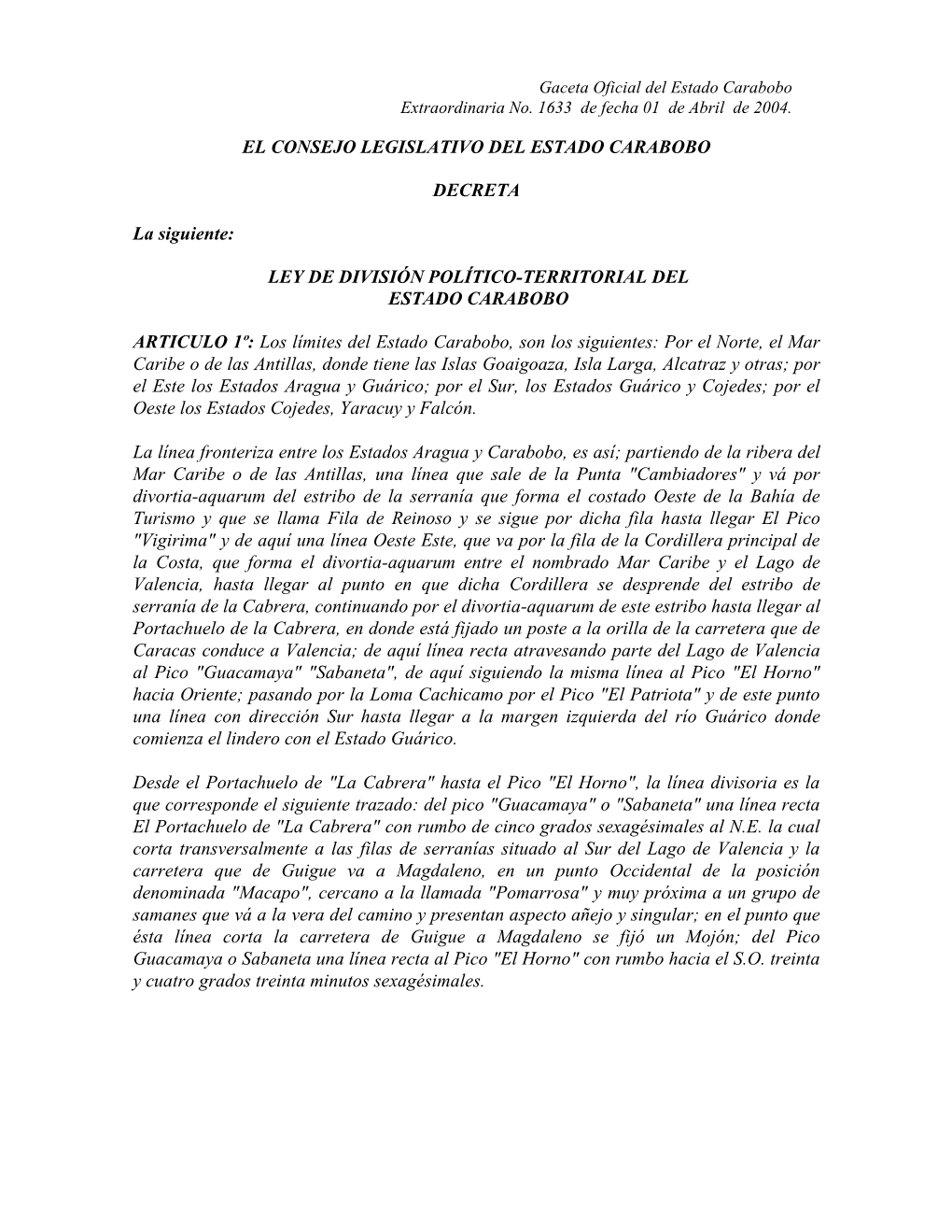 Ley De División Político-Territorial Del Estado Carabobo