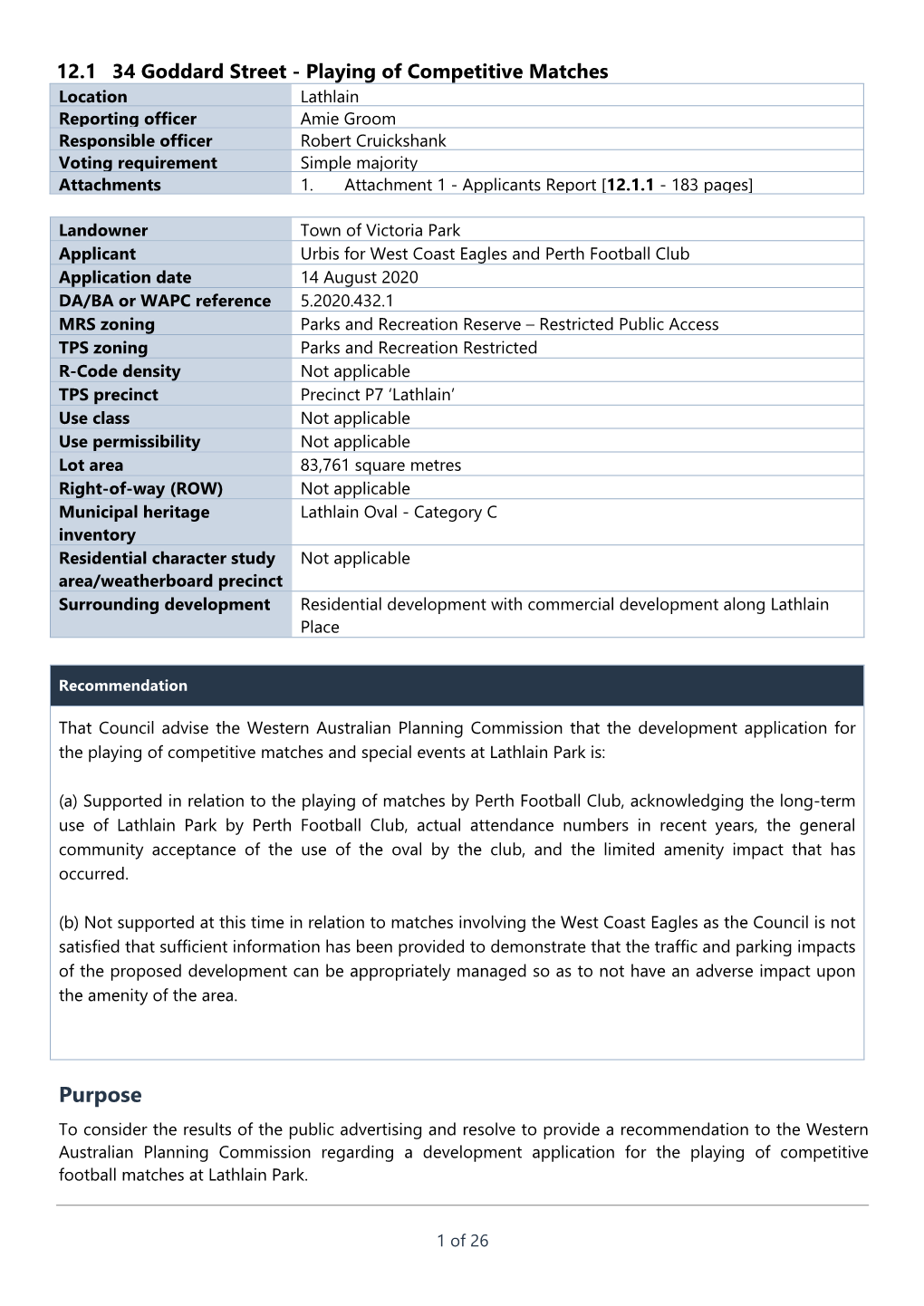 Playing of Competitive Matches Location Lathlain Reporting Officer Amie Groom Responsible Officer Robert Cruickshank Voting Requirement Simple Majority Attachments 1