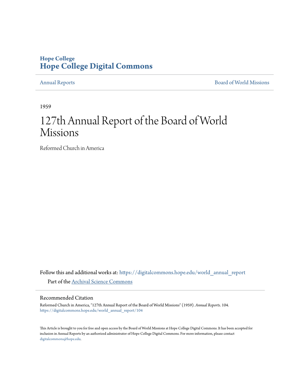 127Th Annual Report of the Board of World Missions Reformed Church in America