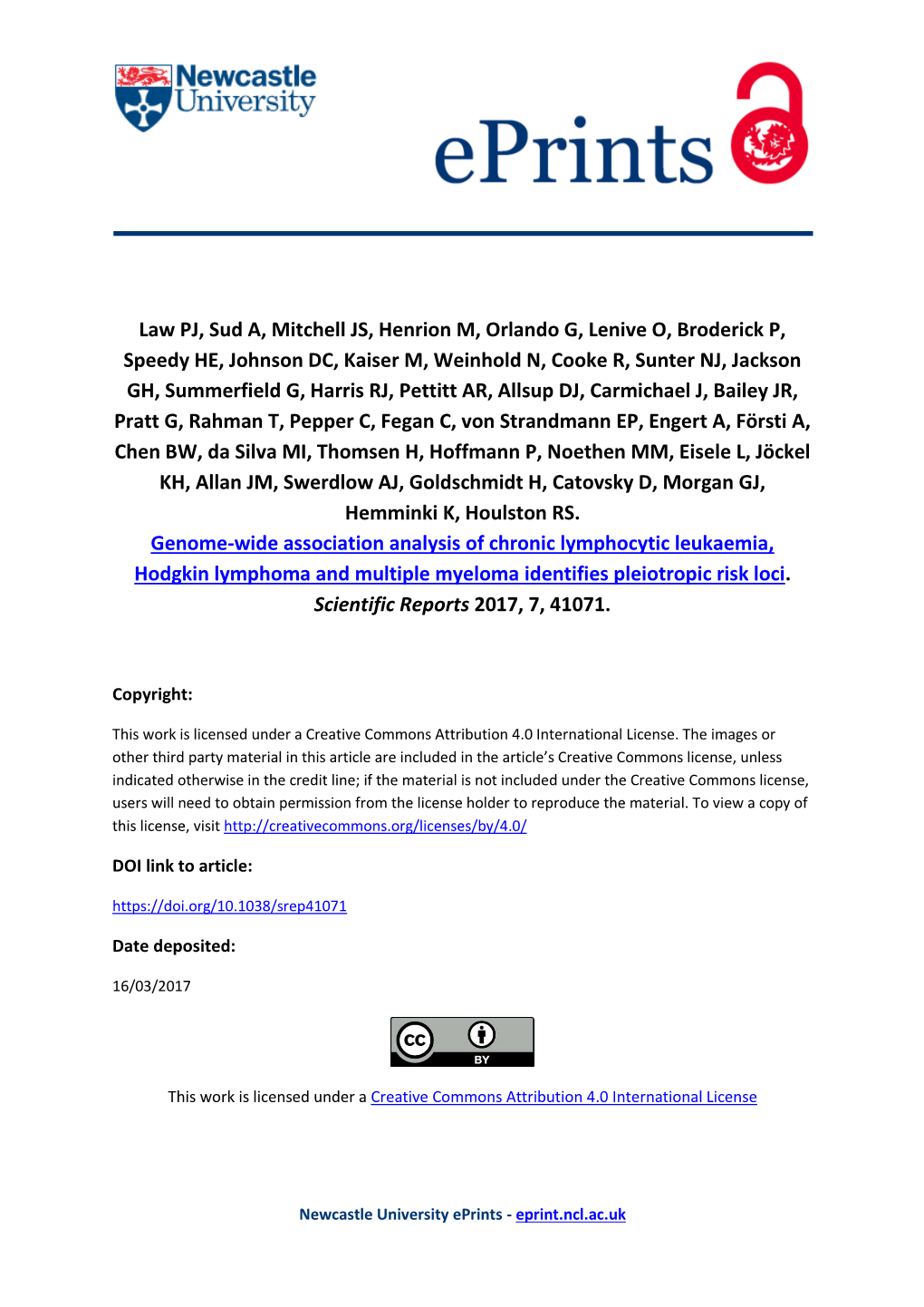 Genome-Wide Association Analysis of Chronic Lymphocytic Leukaemia, Hodgkin Lymphoma and Multiple Myeloma Identifies Pleiotropic Risk Loci