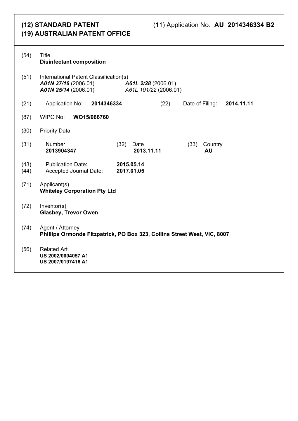 (12) STANDARD PATENT (11) Application No. AU 2014346334 B2 (19) AUSTRALIAN PATENT OFFICE