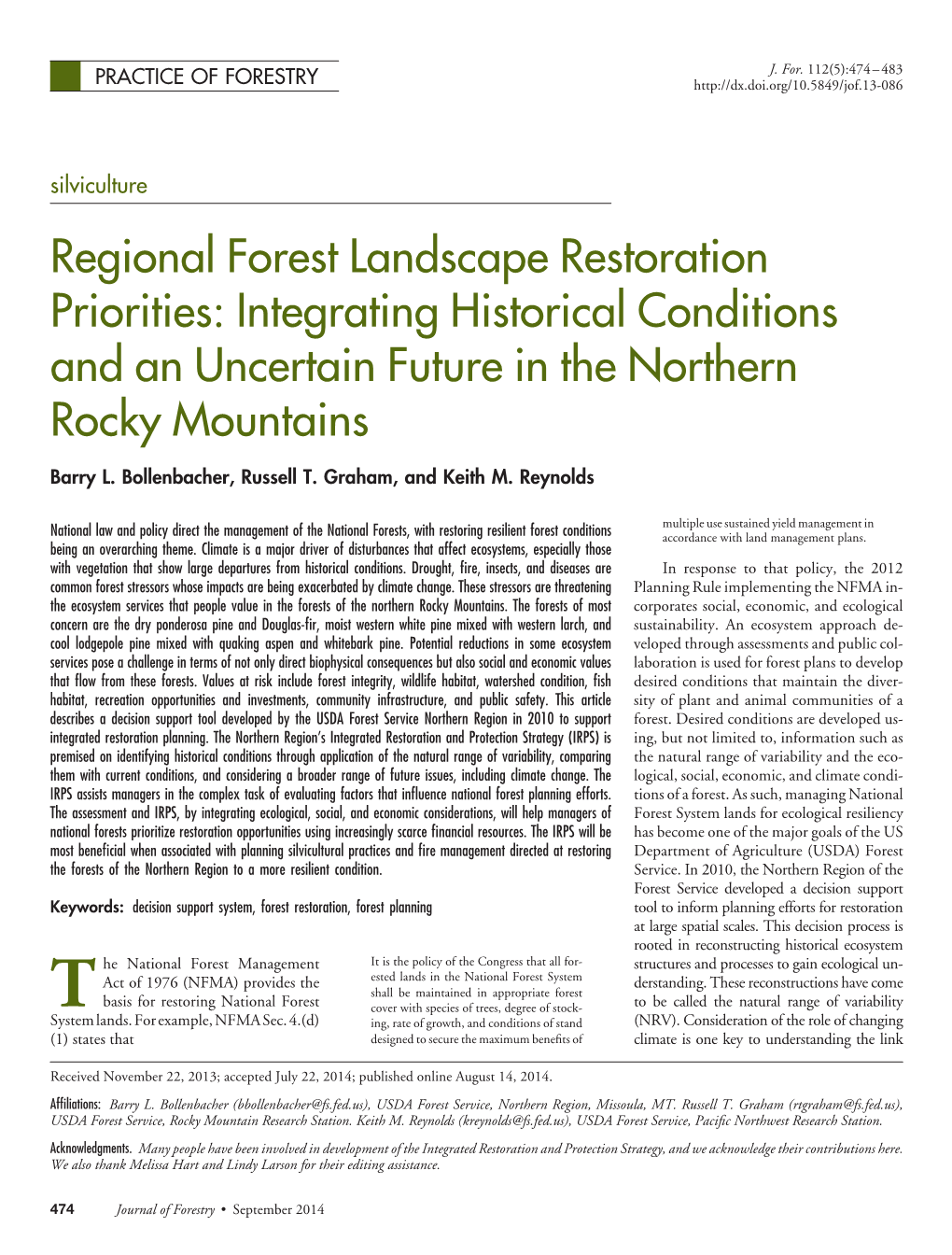 Regional Forest Landscape Restoration Priorities: Integrating Historical Conditions and an Uncertain Future in the Northern Rocky Mountains