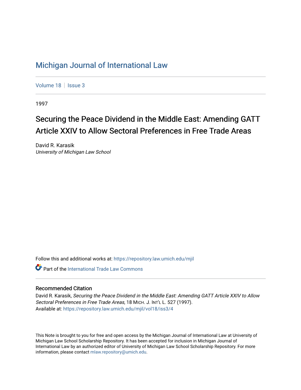 Securing the Peace Dividend in the Middle East: Amending GATT Article XXIV to Allow Sectoral Preferences in Free Trade Areas