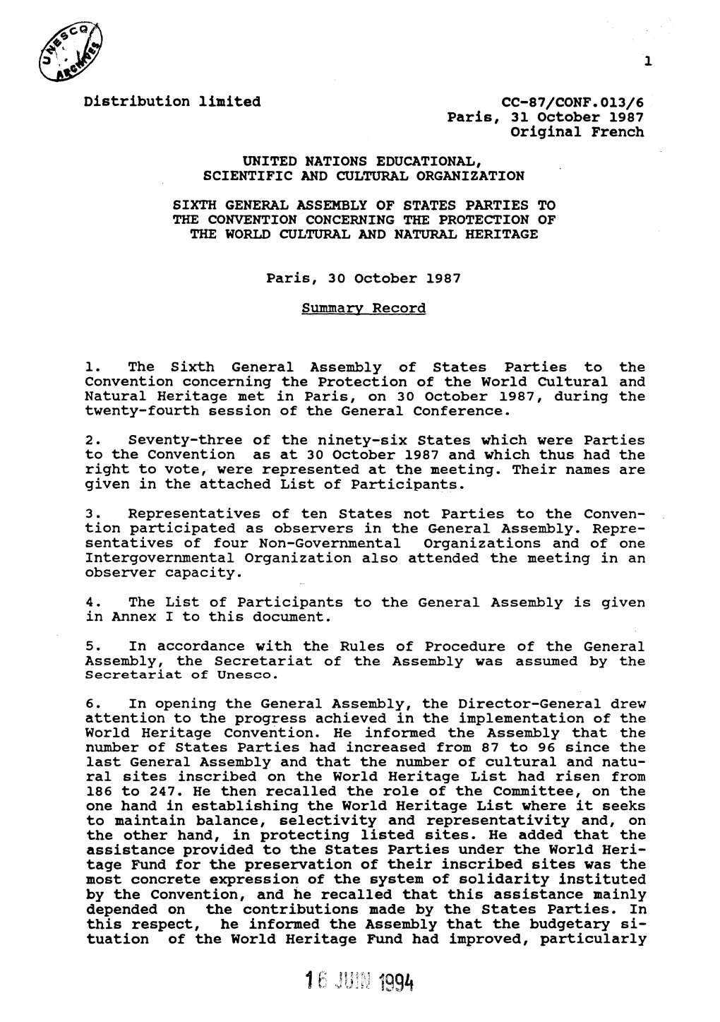 Distribution Limited CC-87/CONF.013/6 Paris, 31 October 1987 Original French UNITED NATIONS EDUCATIONAL, SCIENTIFIC and CULTURAL