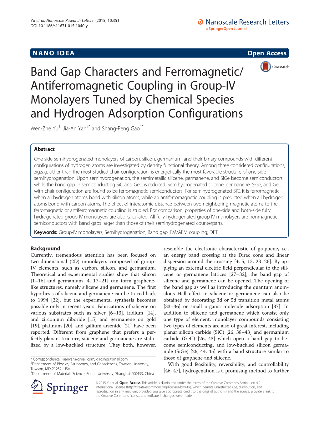 Band Gap Characters and Ferromagnetic/Antiferromagnetic Coupling in Group-IV Monolayers Tuned by Chemical Species and Hydrogen A