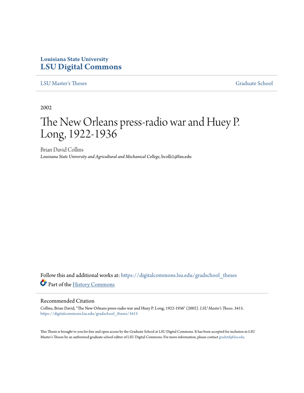 The New Orleans Press-Radio War and Huey P. Long, 1922-1936