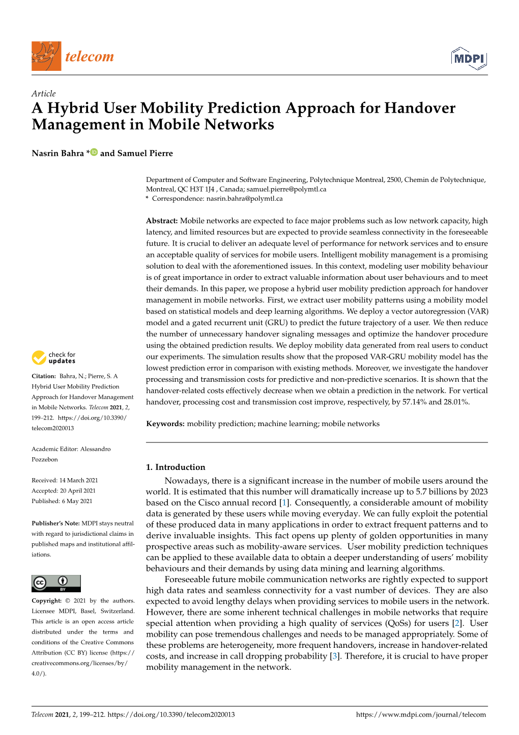 A Hybrid User Mobility Prediction Approach for Handover Management in Mobile Networks