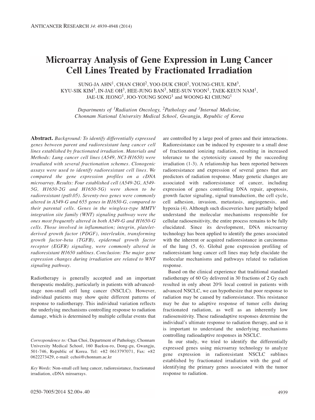 Microarray Analysis of Gene Expression in Lung Cancer Cell Lines Treated by Fractionated Irradiation