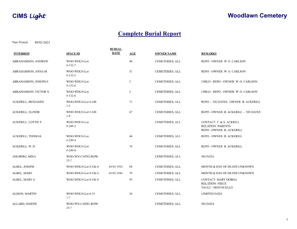 Complete Burial Report Woodlawn Cemetery CIMS Light