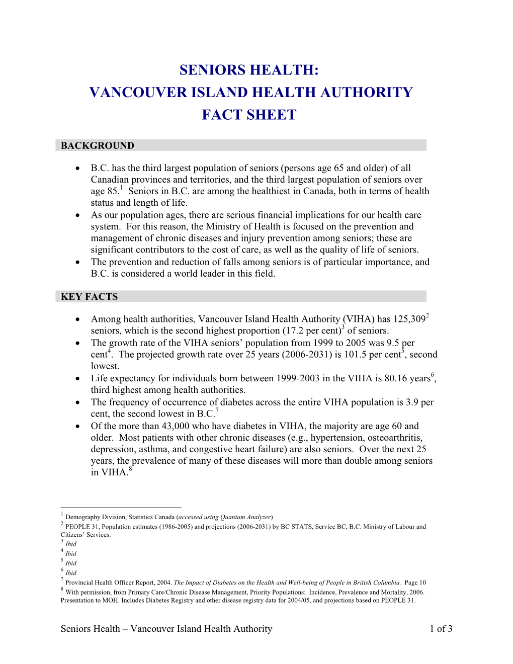 Seniors Health: Vancouver Island Health Authority Fact Sheet