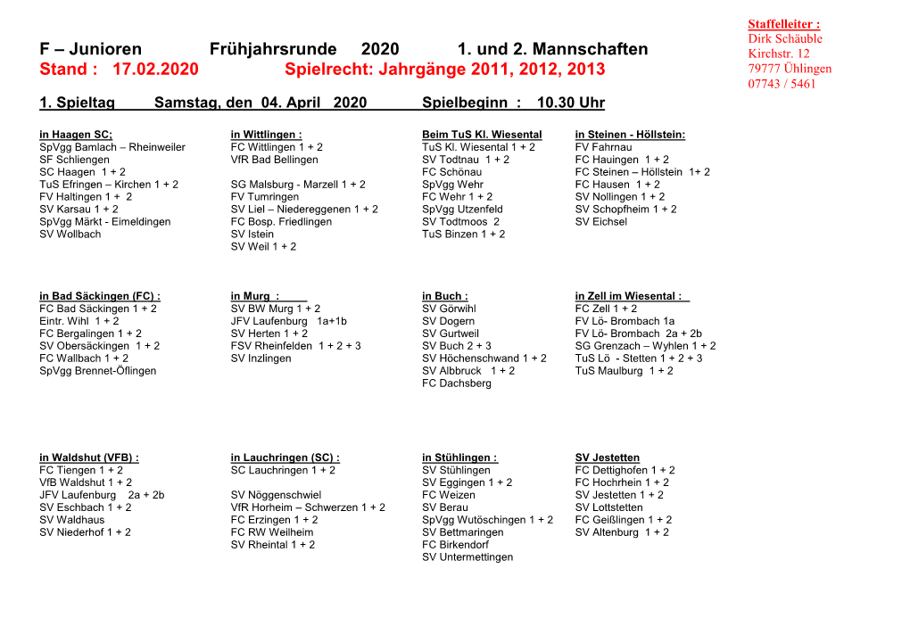 F – Junioren Frühjahrsrunde 2020 1. Und 2. Mannschaften Kirchstr