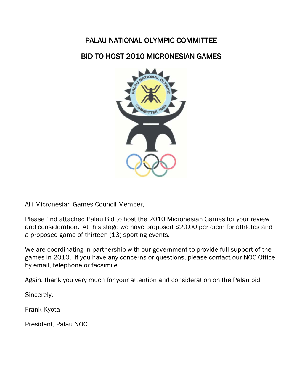 Palau National Olympic Committee Bid to Host 2010 Micronesian Games