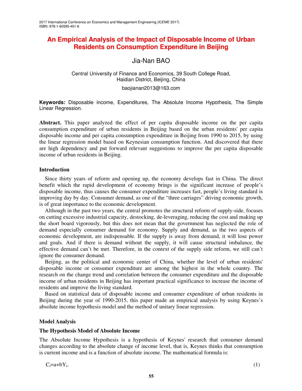 An Empirical Analysis of the Impact of Disposable Income of Urban Residents on Consumption Expenditure in Beijing Jia-Nan