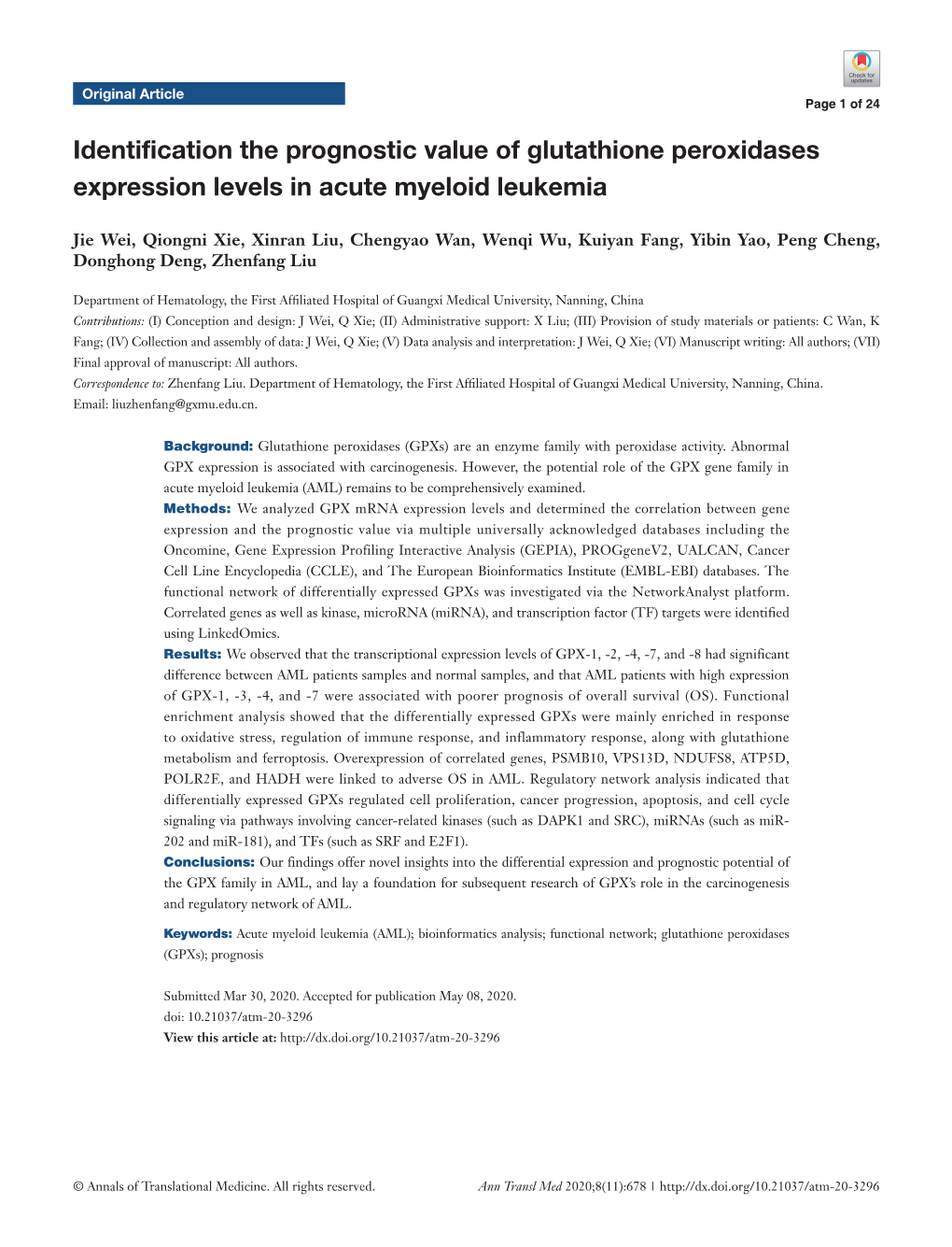 Identification the Prognostic Value of Glutathione Peroxidases Expression Levels in Acute Myeloid Leukemia