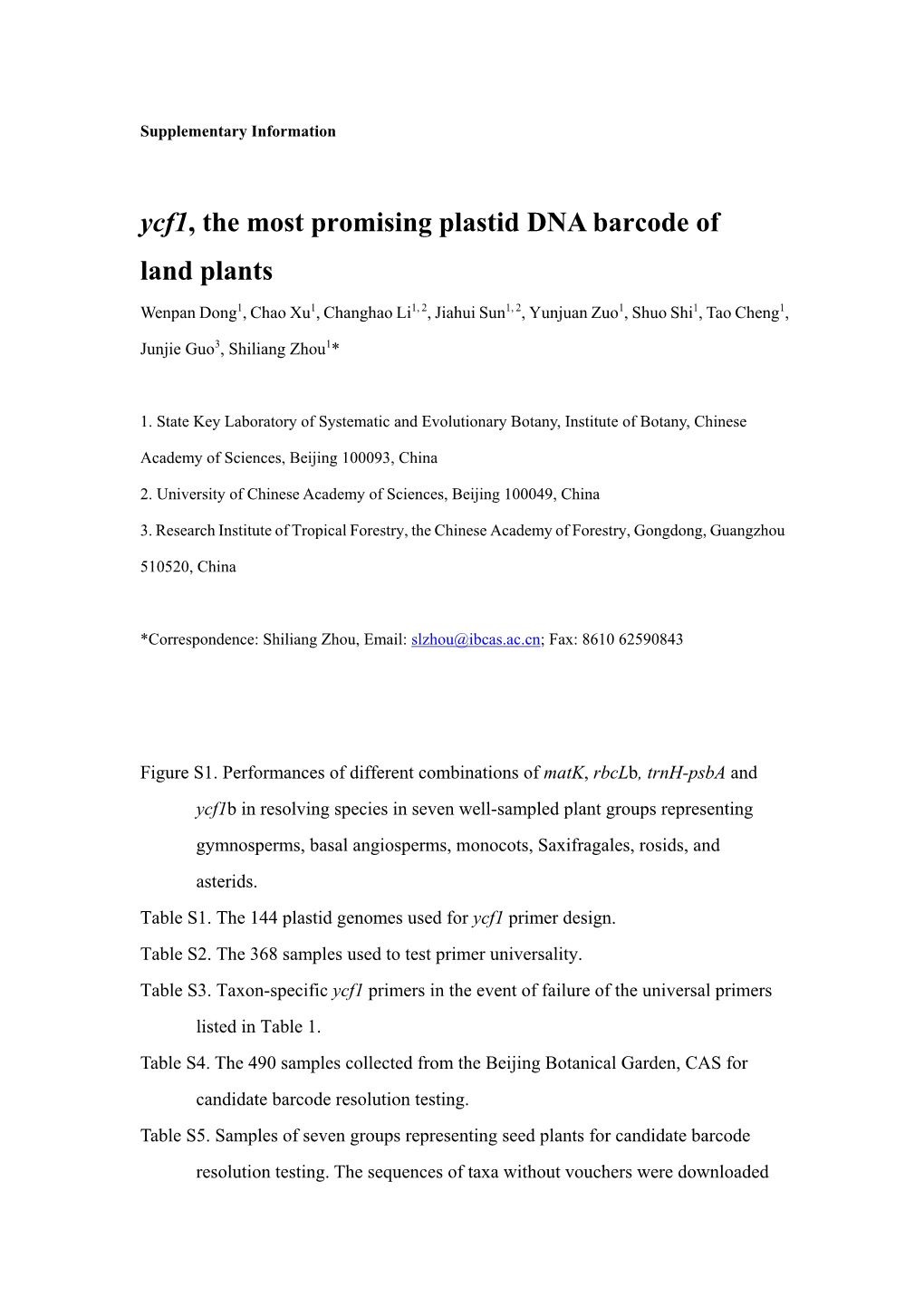 Ycf1, the Most Promising Plastid DNA Barcode of Land Plants