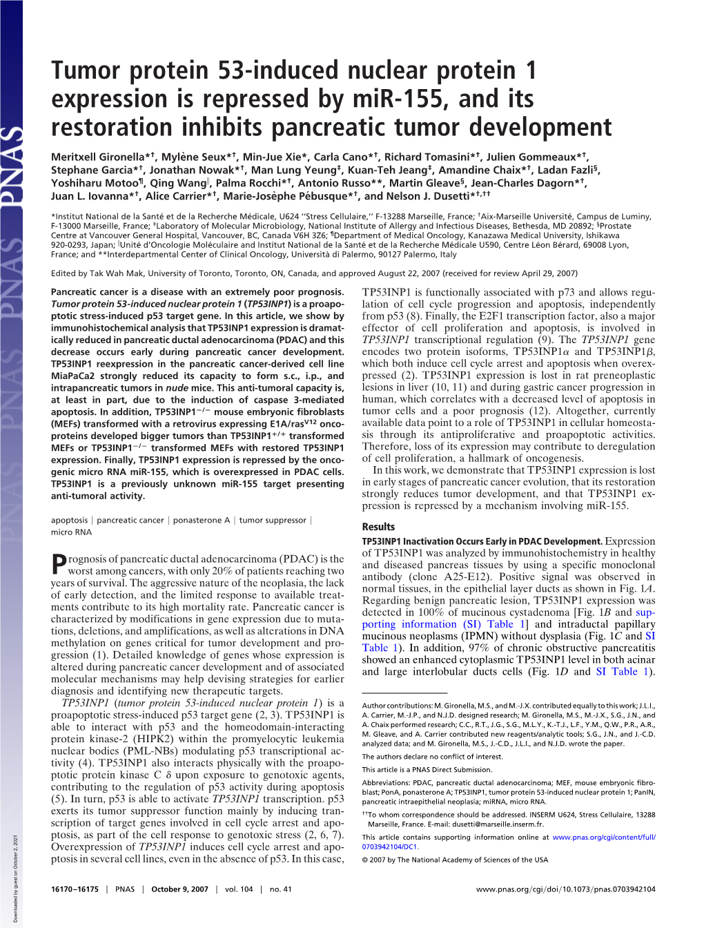 Tumor Protein 53-Induced Nuclear Protein 1 Expression Is Repressed by Mir-155, and Its Restoration Inhibits Pancreatic Tumor Development
