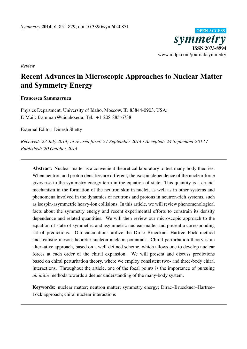 Symmetry 2014, 6, 851-879; Doi:10.3390/Sym6040851 OPEN ACCESS Symmetry ISSN 2073-8994