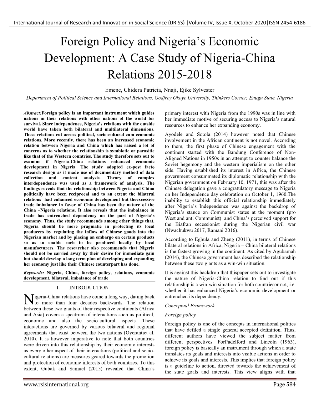 Foreign Policy and Nigeria's Economic Development: a Case Study of Nigeria-China Relations 2015-2018