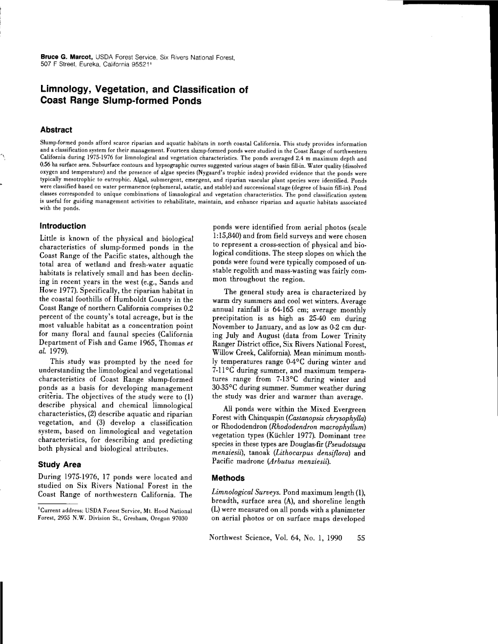 Limnology, Vegetation, and Classification of Coast Range