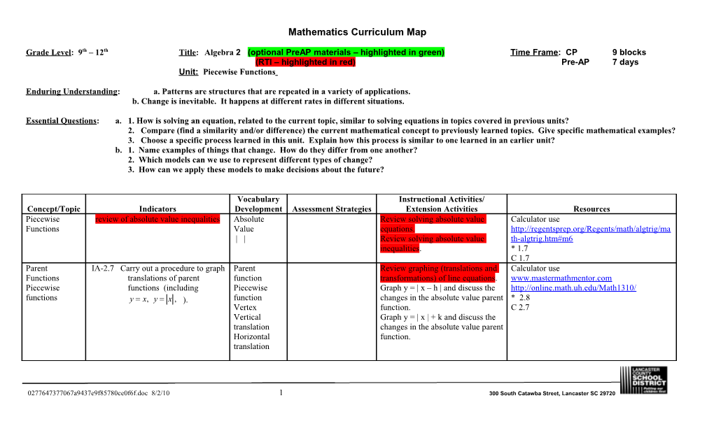 Mathematics Curriculum Map