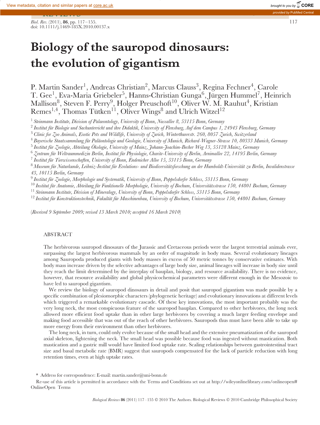 Biology of the Sauropod Dinosaurs: the Evolution of Gigantism