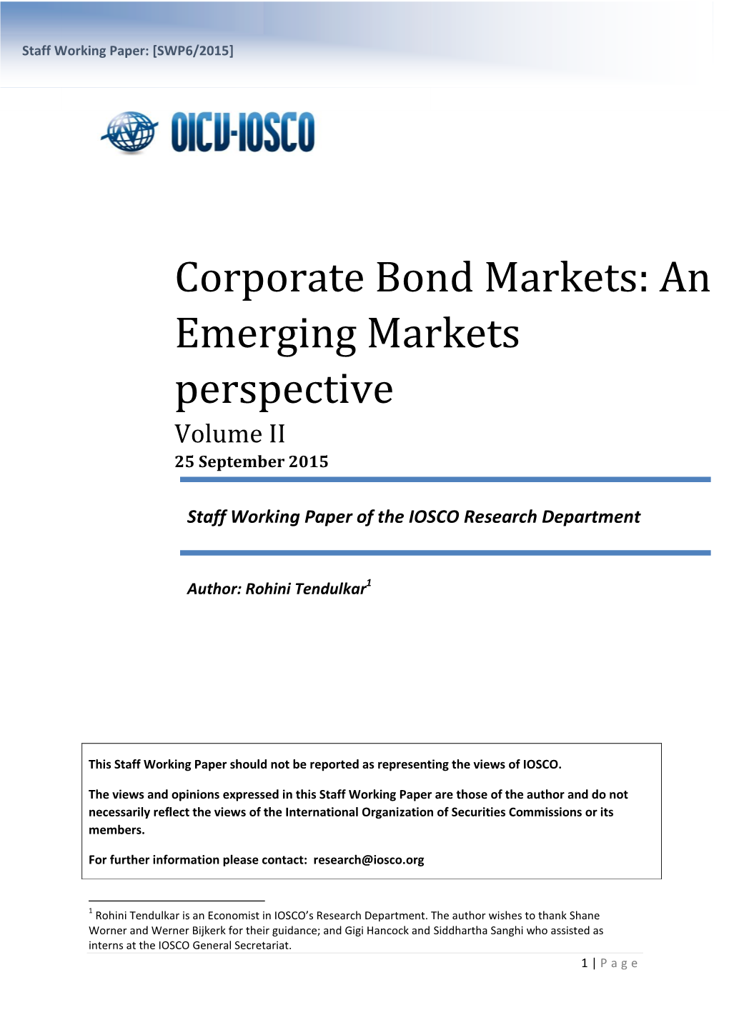 Corporate Bond Markets: an Emerging Markets Perspective Volume II 25 September 2015