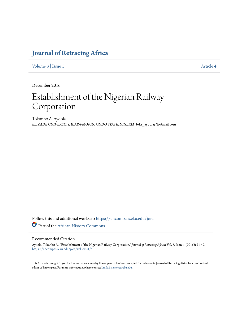 Establishment of the Nigerian Railway Corporation Tokunbo A