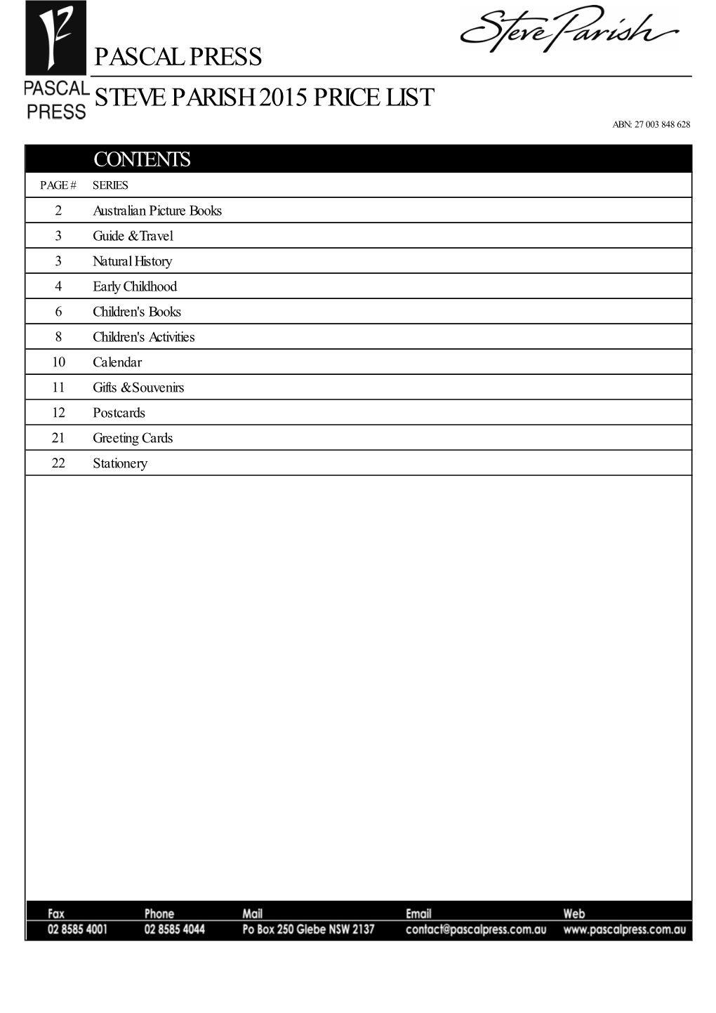 Pascal Press Steve Parish 2015 Price List