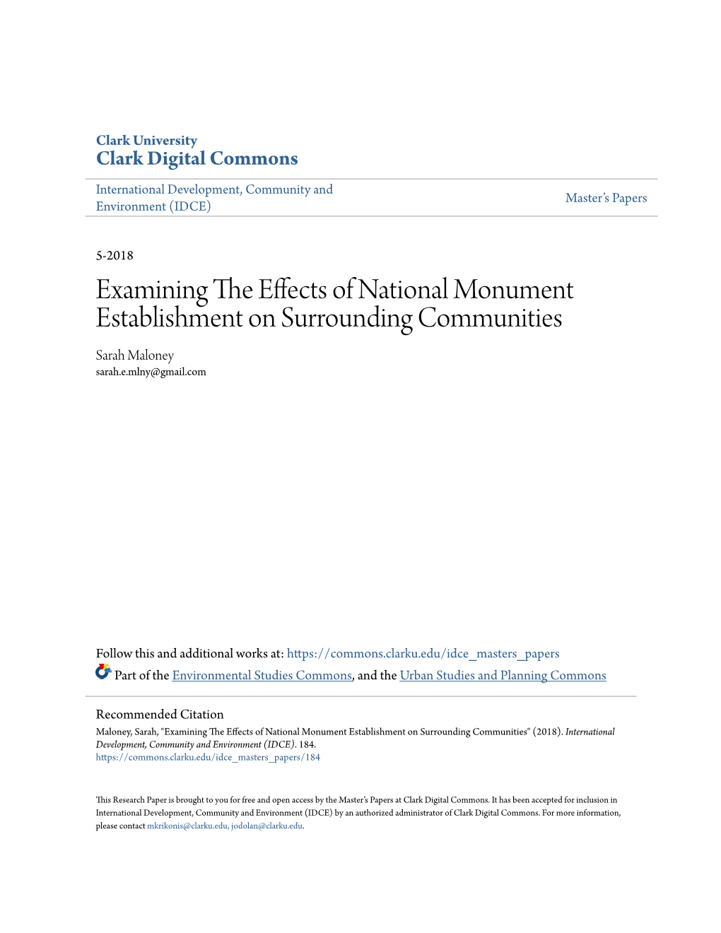 Examining the Effects of National Monument Establishment on Surrounding Communities