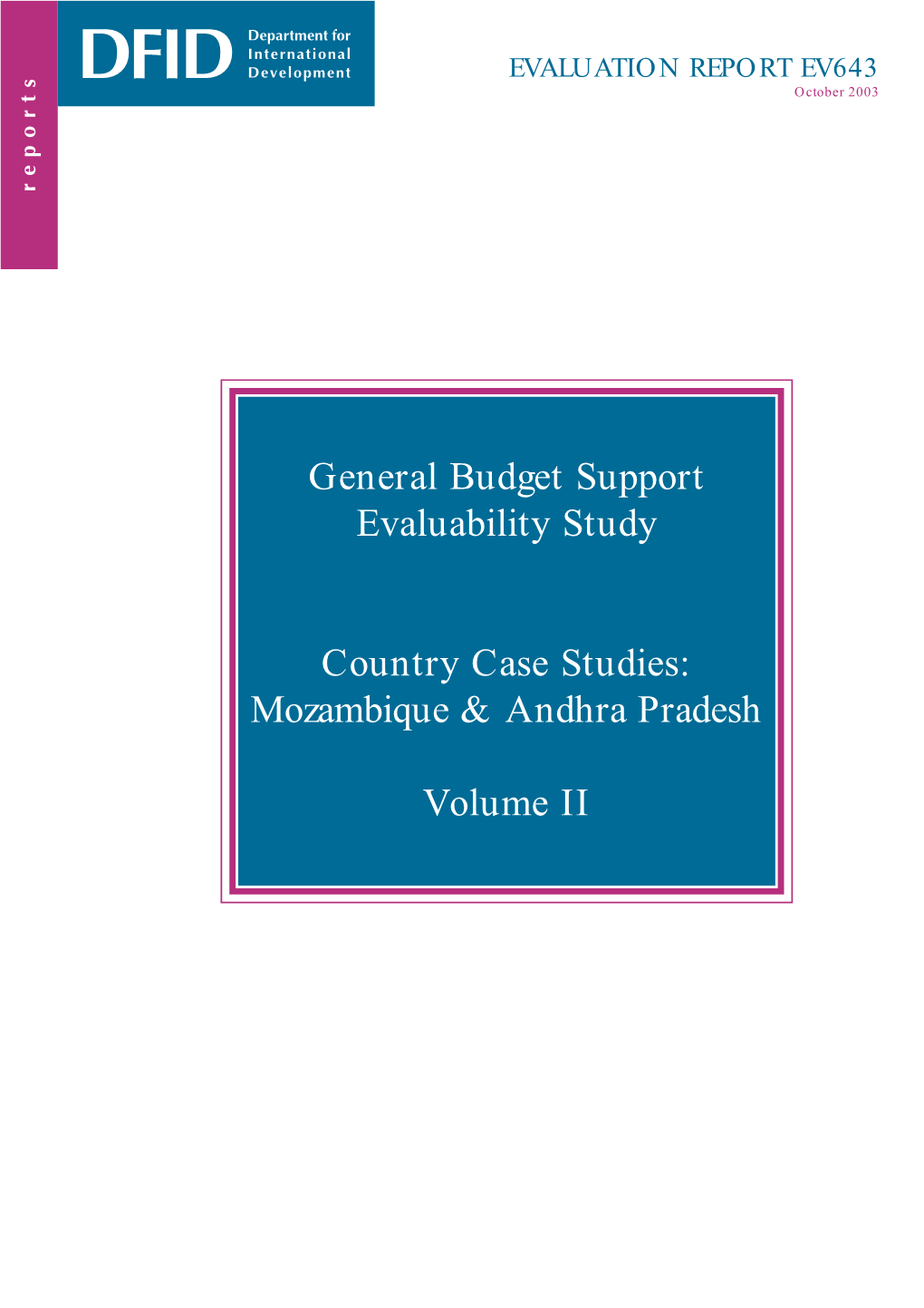 General Budget Support Evaluability Study Country Case Studies
