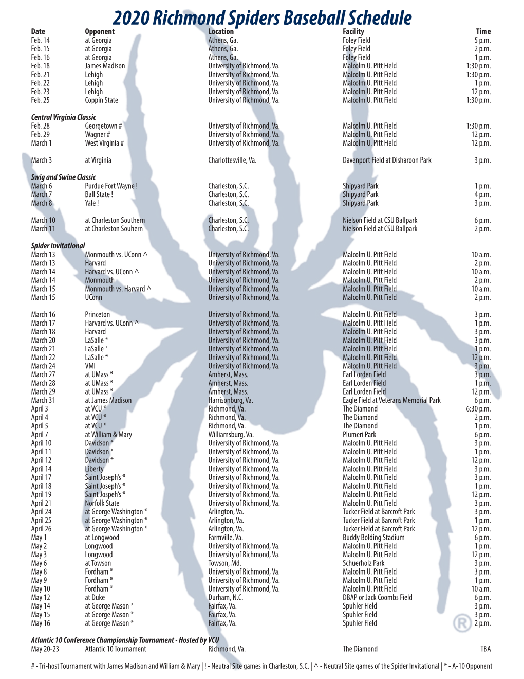 2020 Richmond Spiders Baseball Schedule Date Opponent Location Facility Time Feb