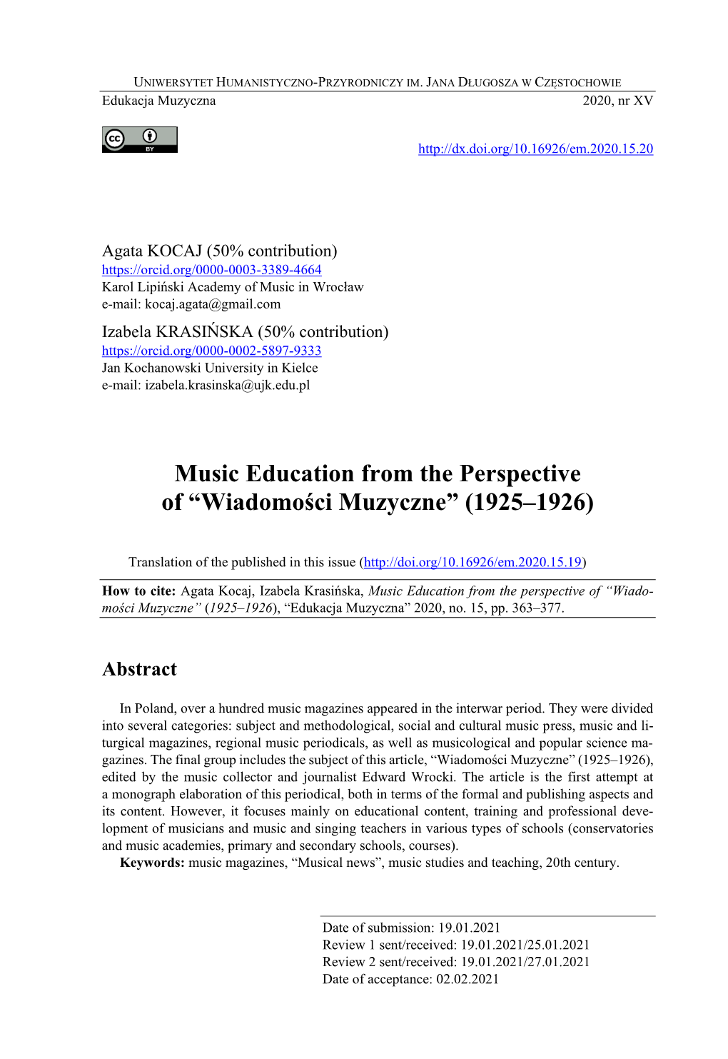 Music Education from the Perspective of “Wiadomości Muzyczne” (1925–1926)