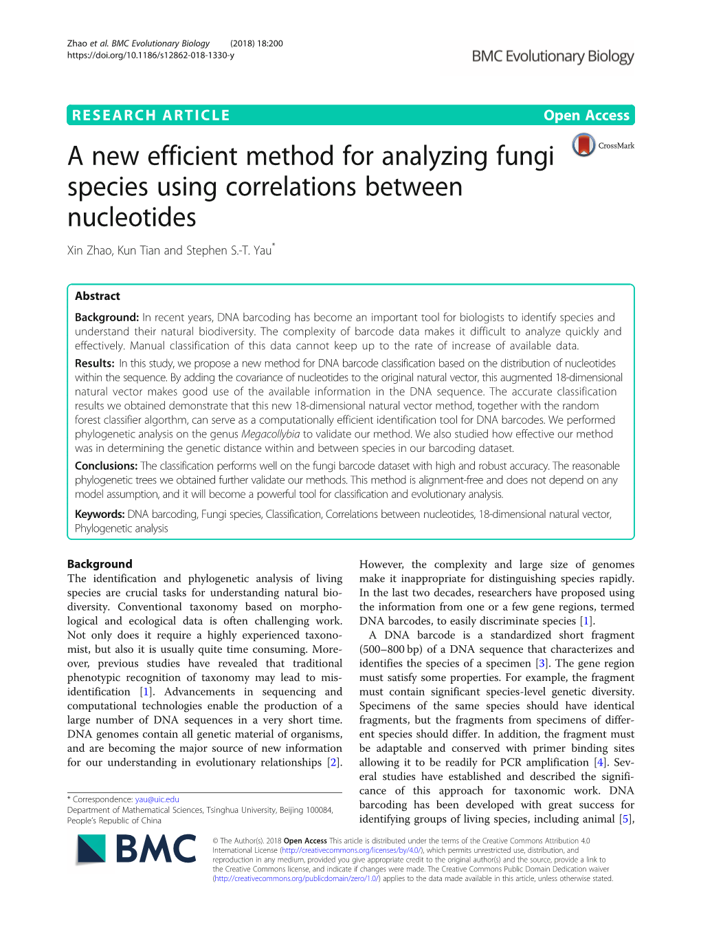 A New Efficient Method for Analyzing Fungi Species Using Correlations Between Nucleotides Xin Zhao, Kun Tian and Stephen S.-T