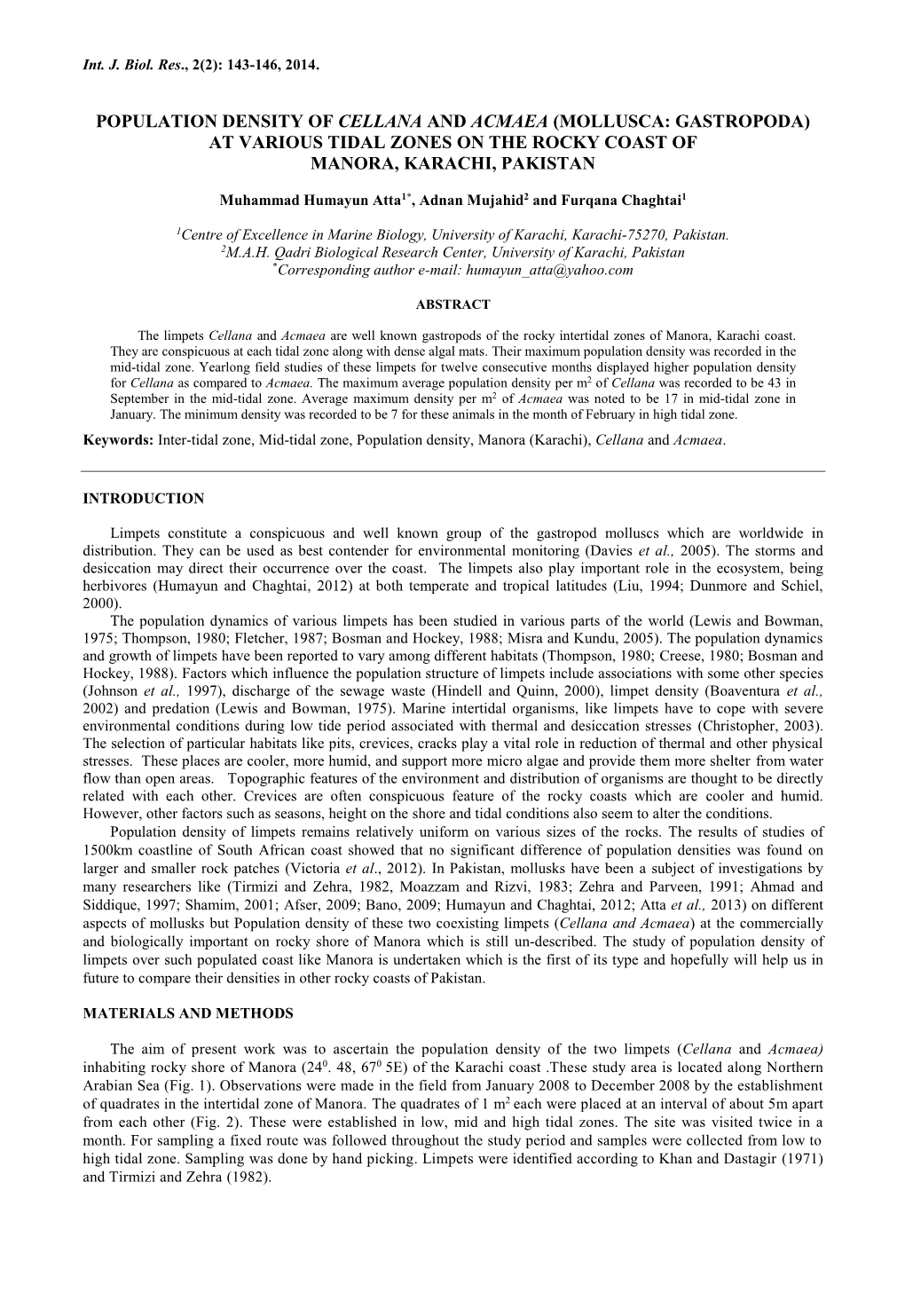 Population Density of Cellana and Acmaea (Mollusca: Gastropoda) at Various Tidal Zones on the Rocky Coast of Manora, Karachi, Pakistan